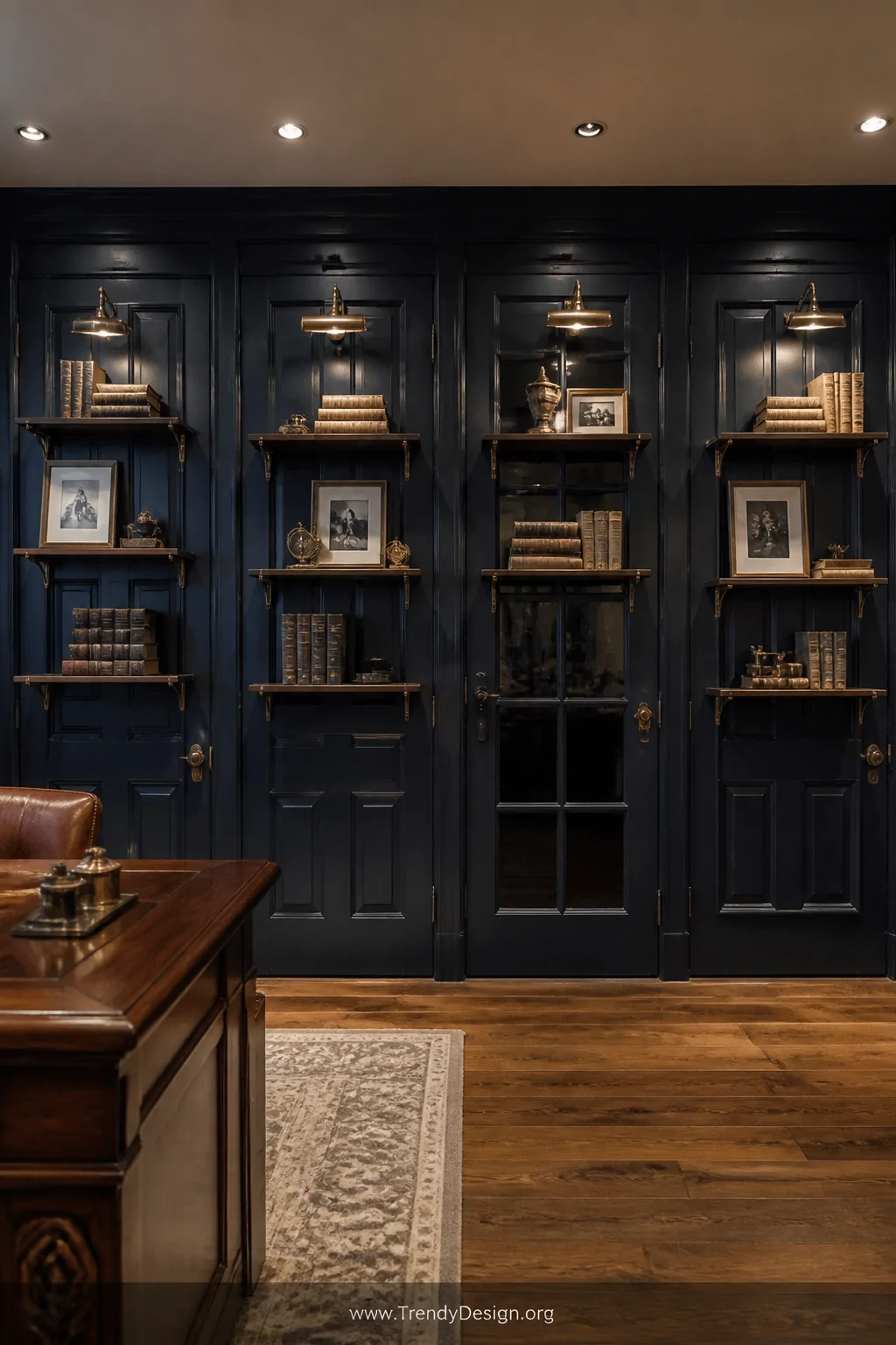 A dramatic wide room shot of a home office feature wall lined with four old doors mounted side by side   mixing flat panel, r