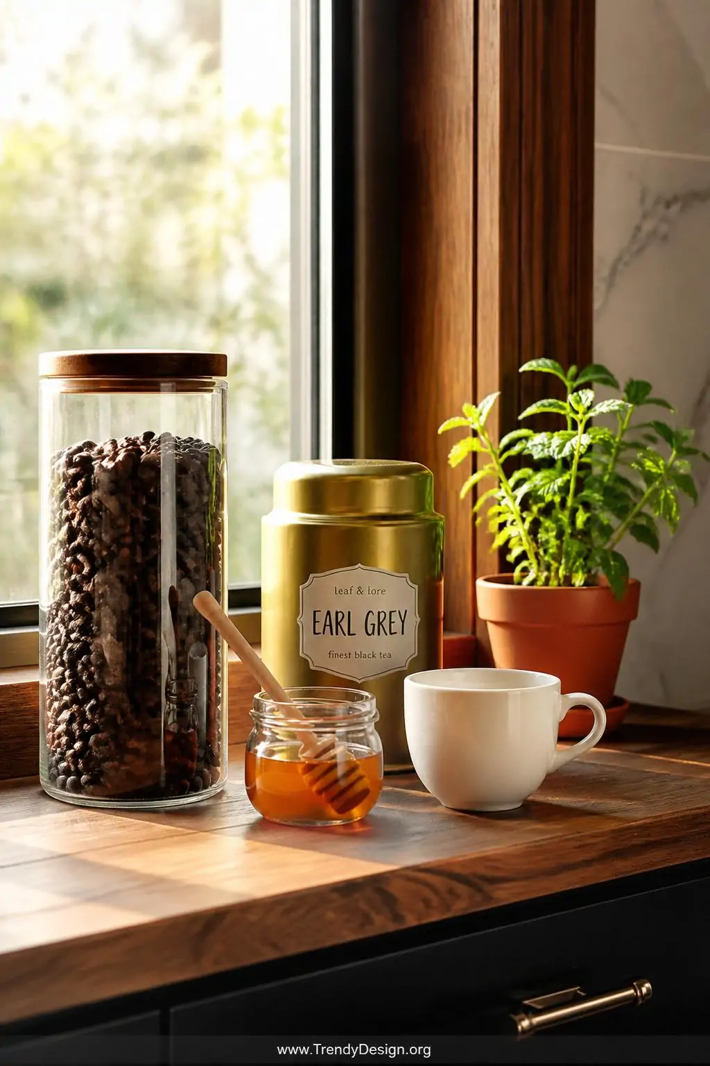 Medium shot of a stylish kitchen windowsill morning station arranged with a tall clear glass jar filled with dark roasted cof