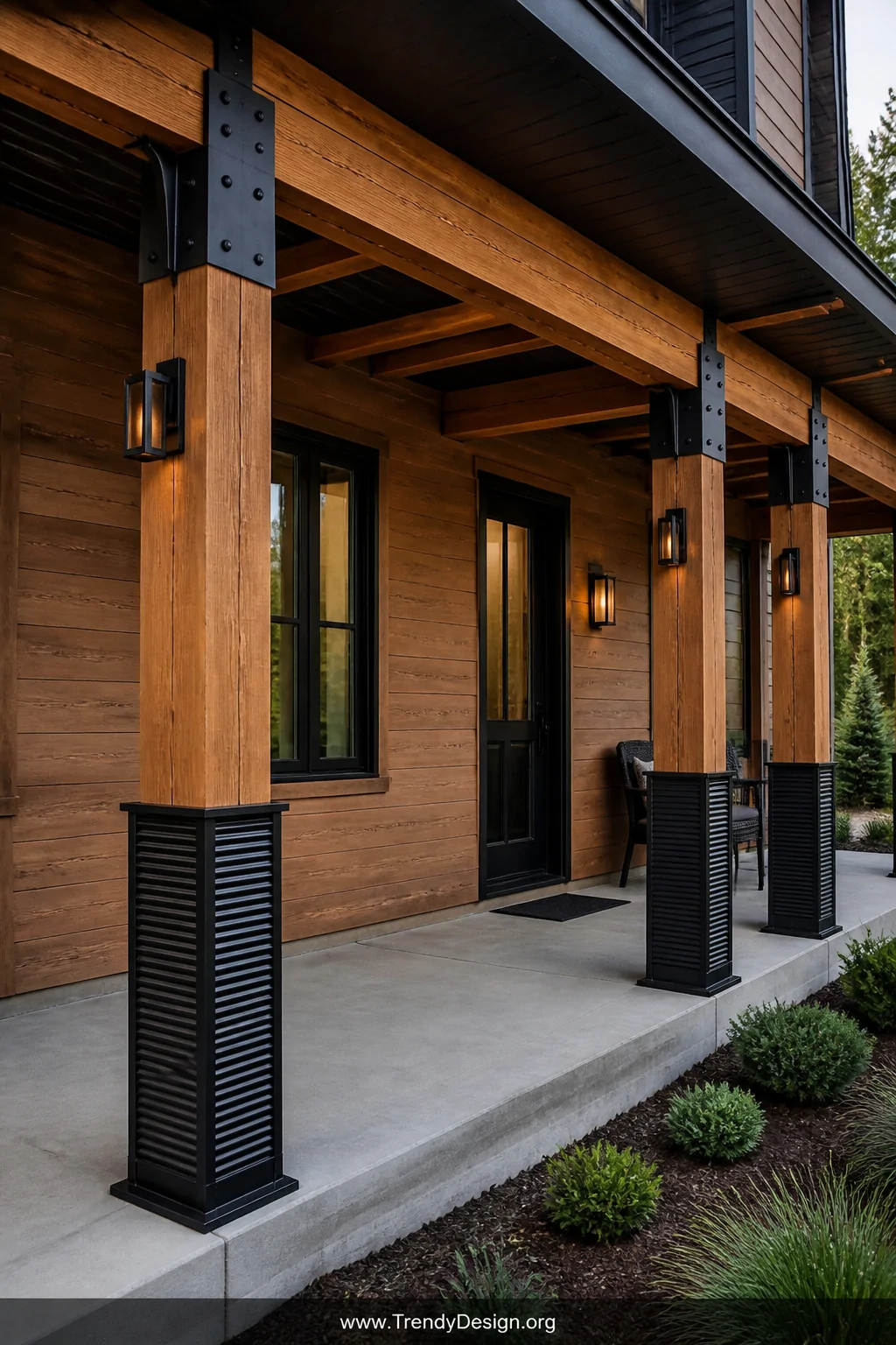 Medium shot of a sleek contemporary front porch showcasing structural wood beams dramatically accented with matte black powde