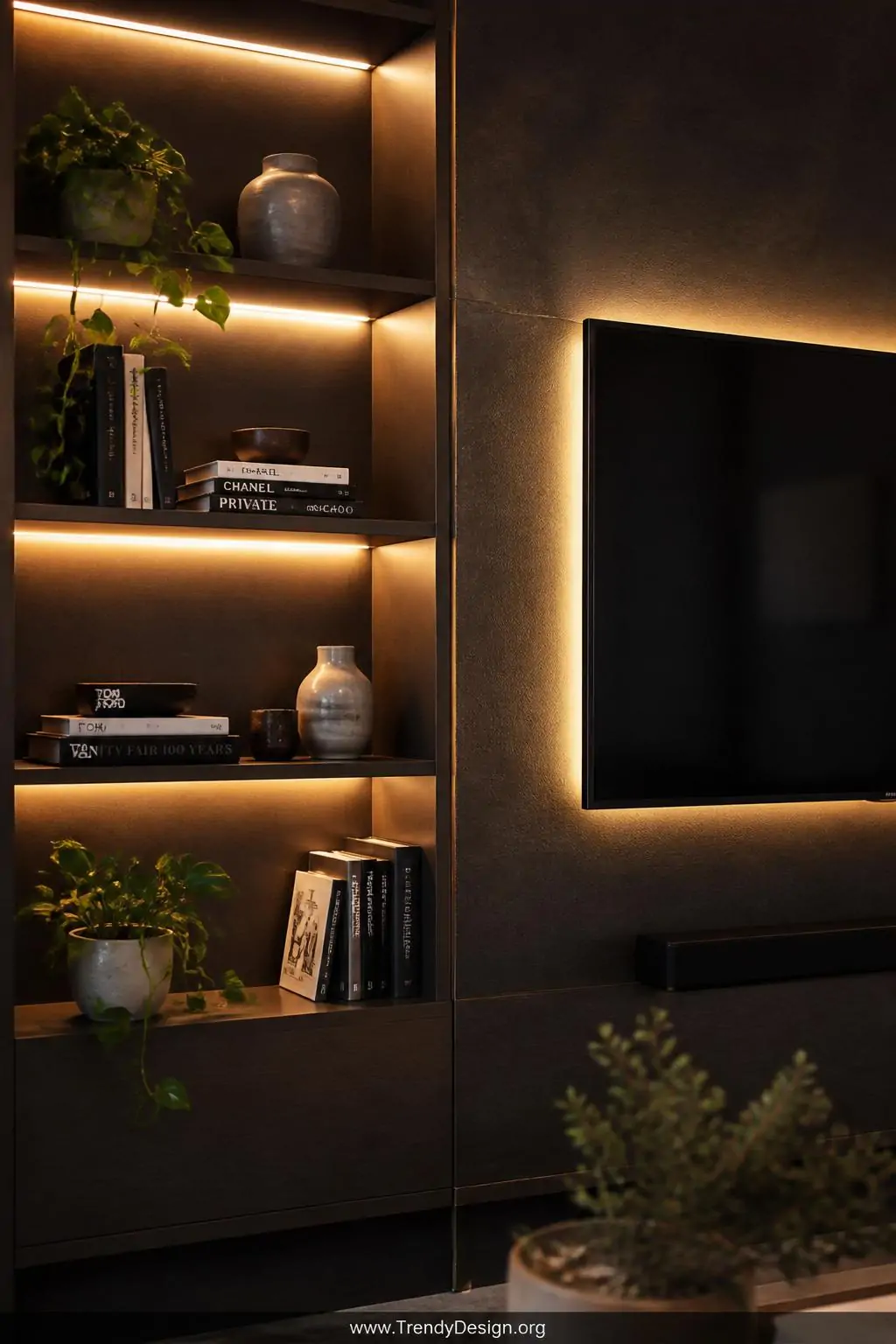 Closeup shot of a styled living room shelving unit where LED strip lights tucked along the inner shelf edges cast a warm glow