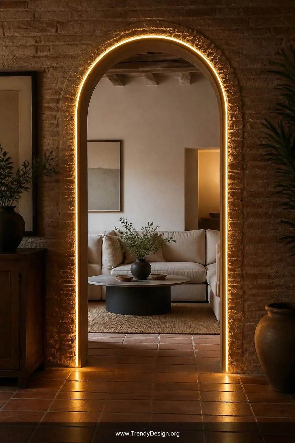 Closeup medium shot of a dramatic rounded interior archway between two rooms, a slender warm amber rope light tracing the ful
