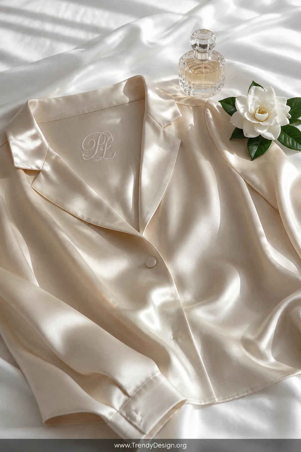 A wide elegant flat-lay on a pearl white silk bedsheet of a champagne satin blouse with an ivory tone-on-tone script monogram