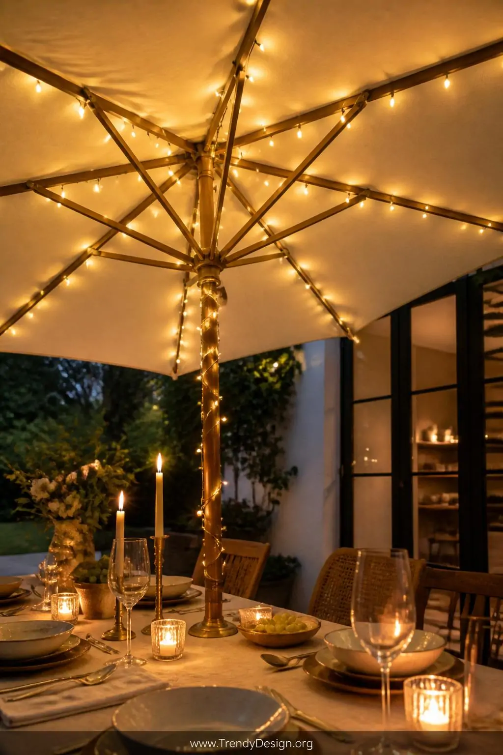 Closeup photorealistic shot of a cream canvas market umbrella over an outdoor dining table with warm Edison bulb string light
