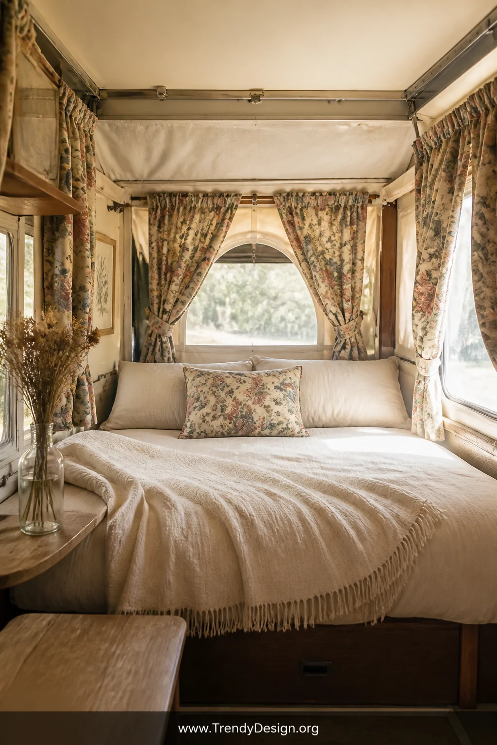 Wide interior shot of a sunlit pop-up camper interior dressed with vintage floral curtains in muted dusty rose, faded sage gr