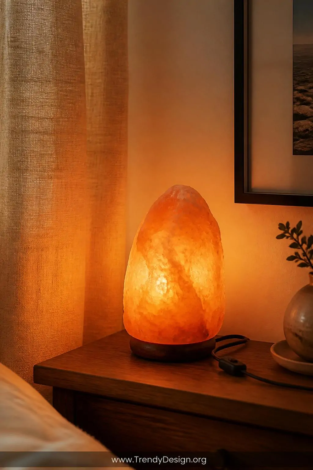 Closeup photorealistic interior shot of a small Himalayan salt lamp nightlight glowing a deep warm amber-orange on a low wood