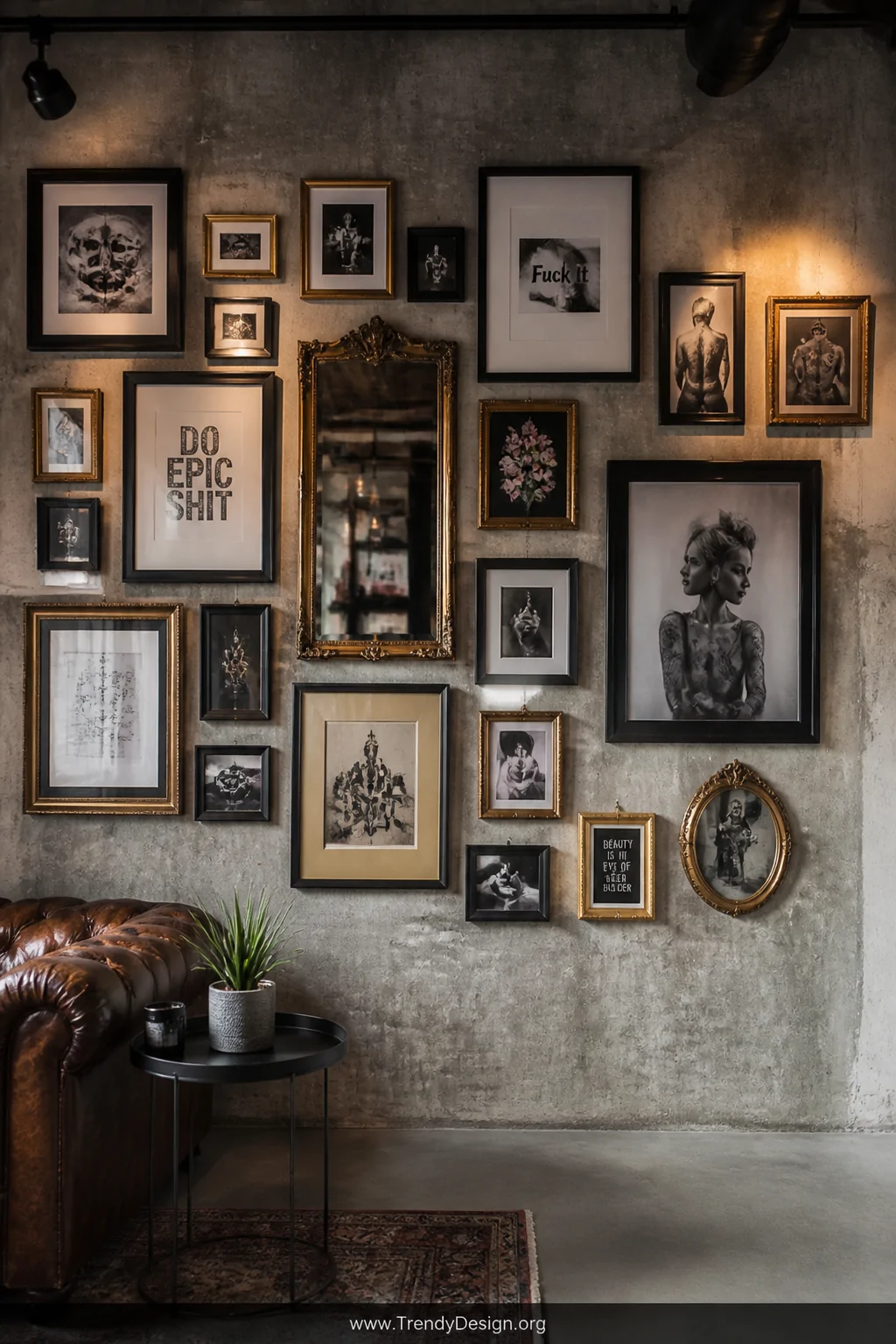 Medium photorealistic shot of a large loft gallery wall arrangement mixing mismatched spray-painted black and gold thrift sto