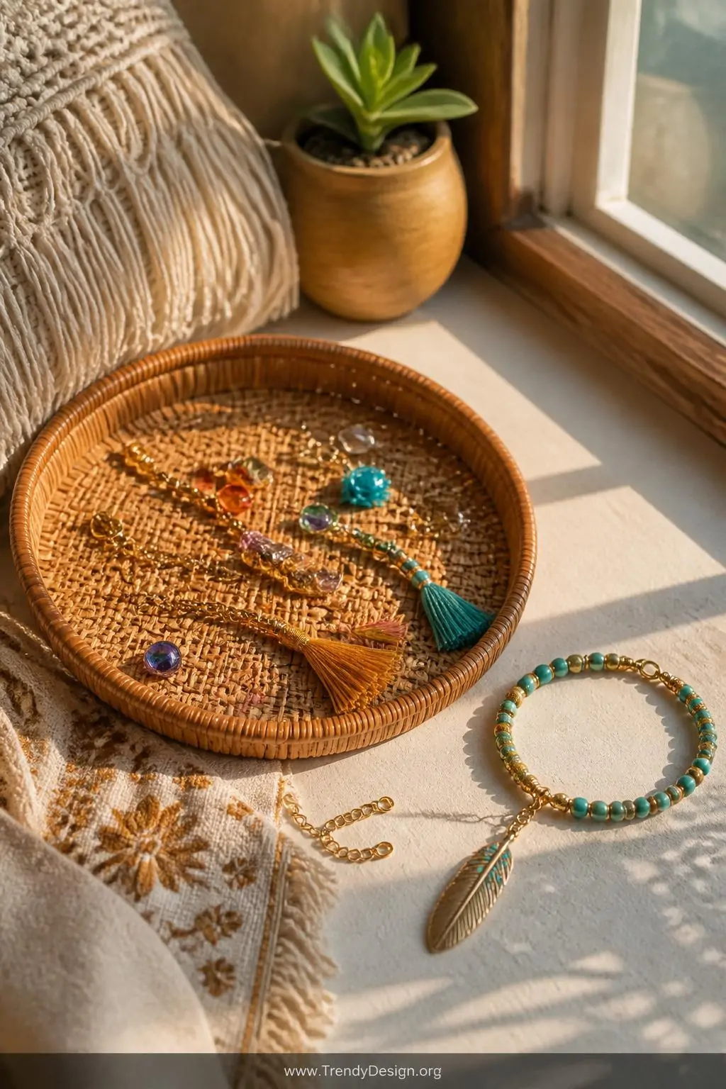 A bohemian rattan tray scattered with small birthstone charms, silk tassels, and delicate extender chains sits beside a vibra