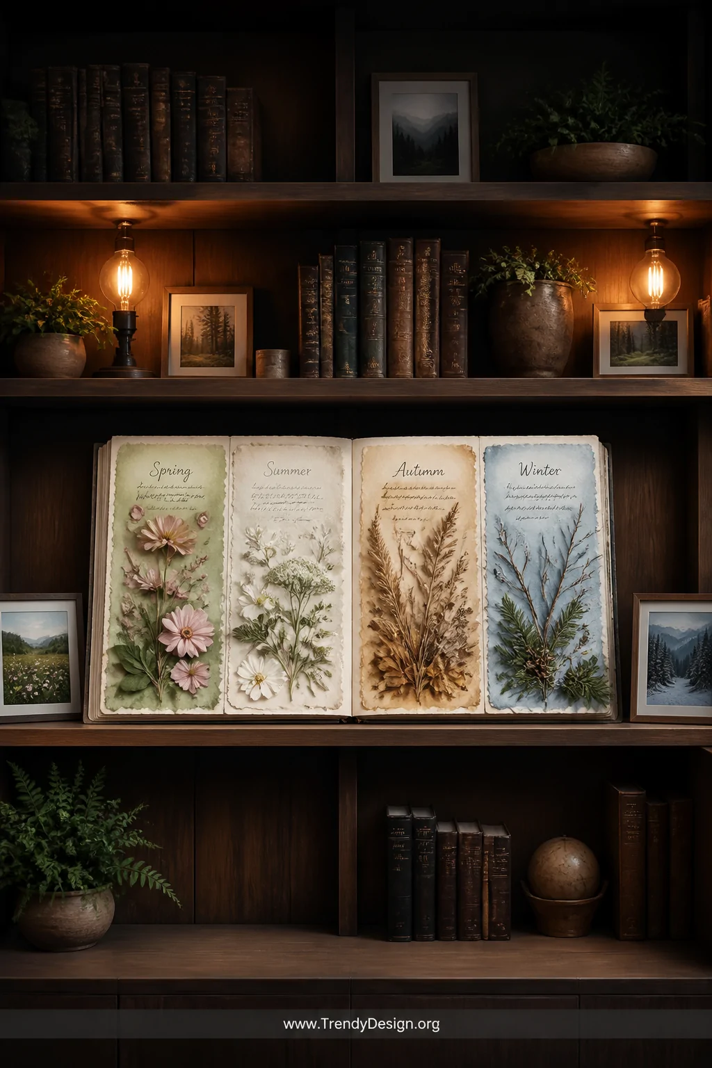 A wide room shot of a deep wooden bookshelf nook displaying a completed two-page seasonal scrapbook spread lying open on a na