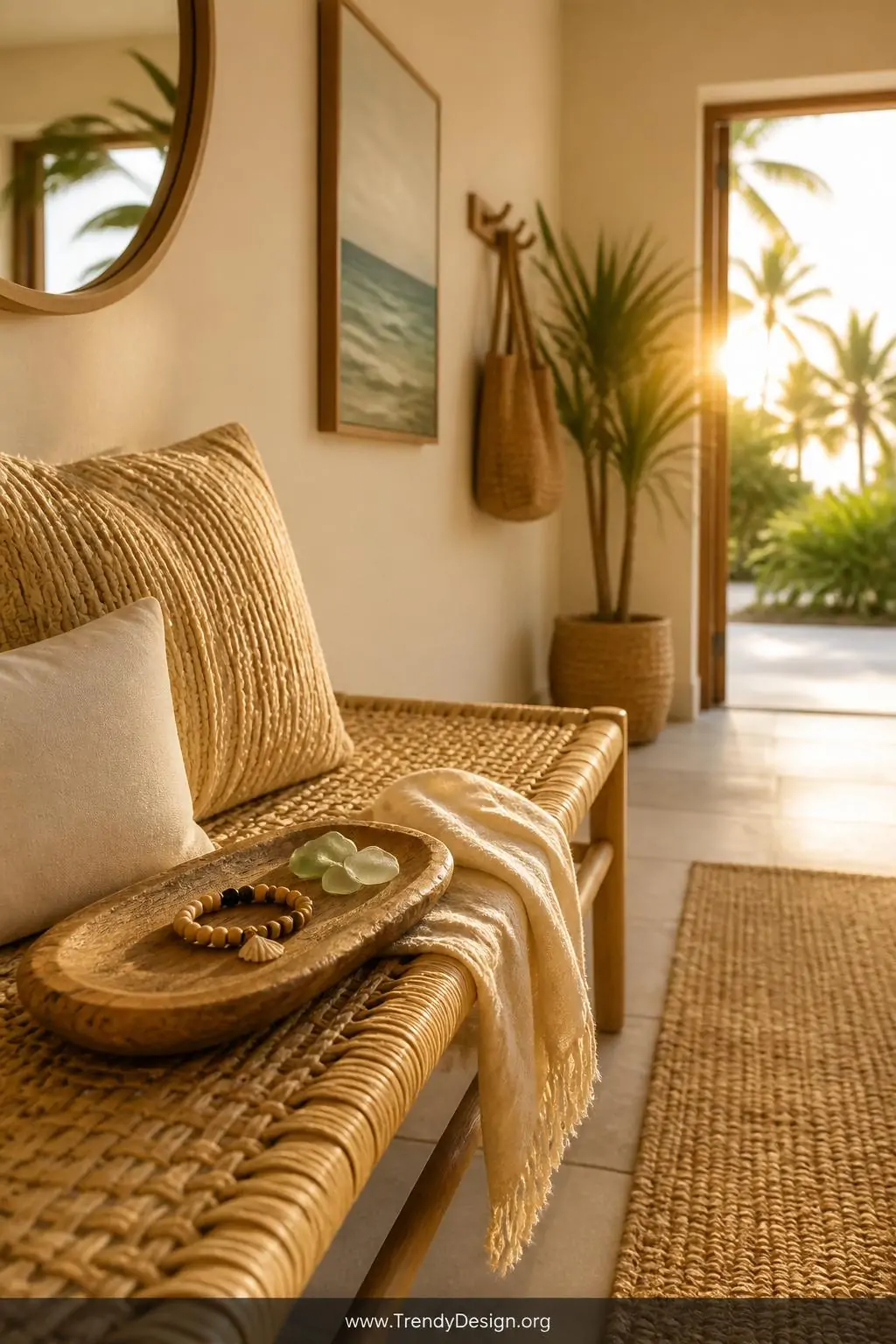 Wide shot of a coastal boho entryway bench draped with woven rattan texture, a lava bead bracelet mixed with pale sandalwood 