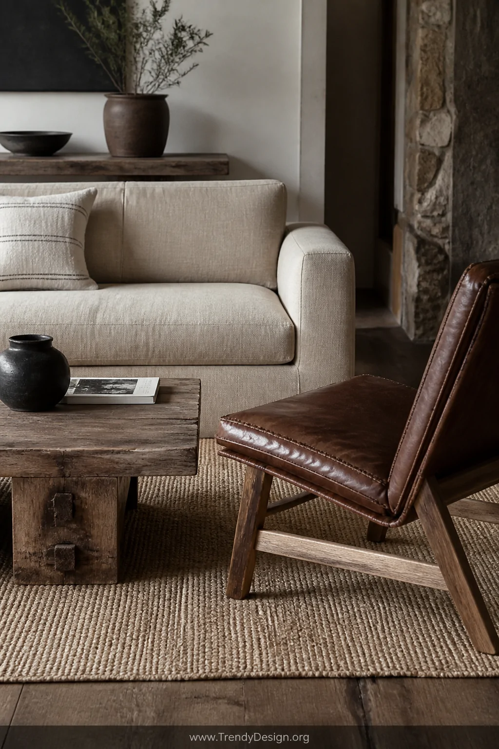 Medium photorealistic interior shot of a streamlined natural linen sofa with visible fabric weave and clean modern silhouette