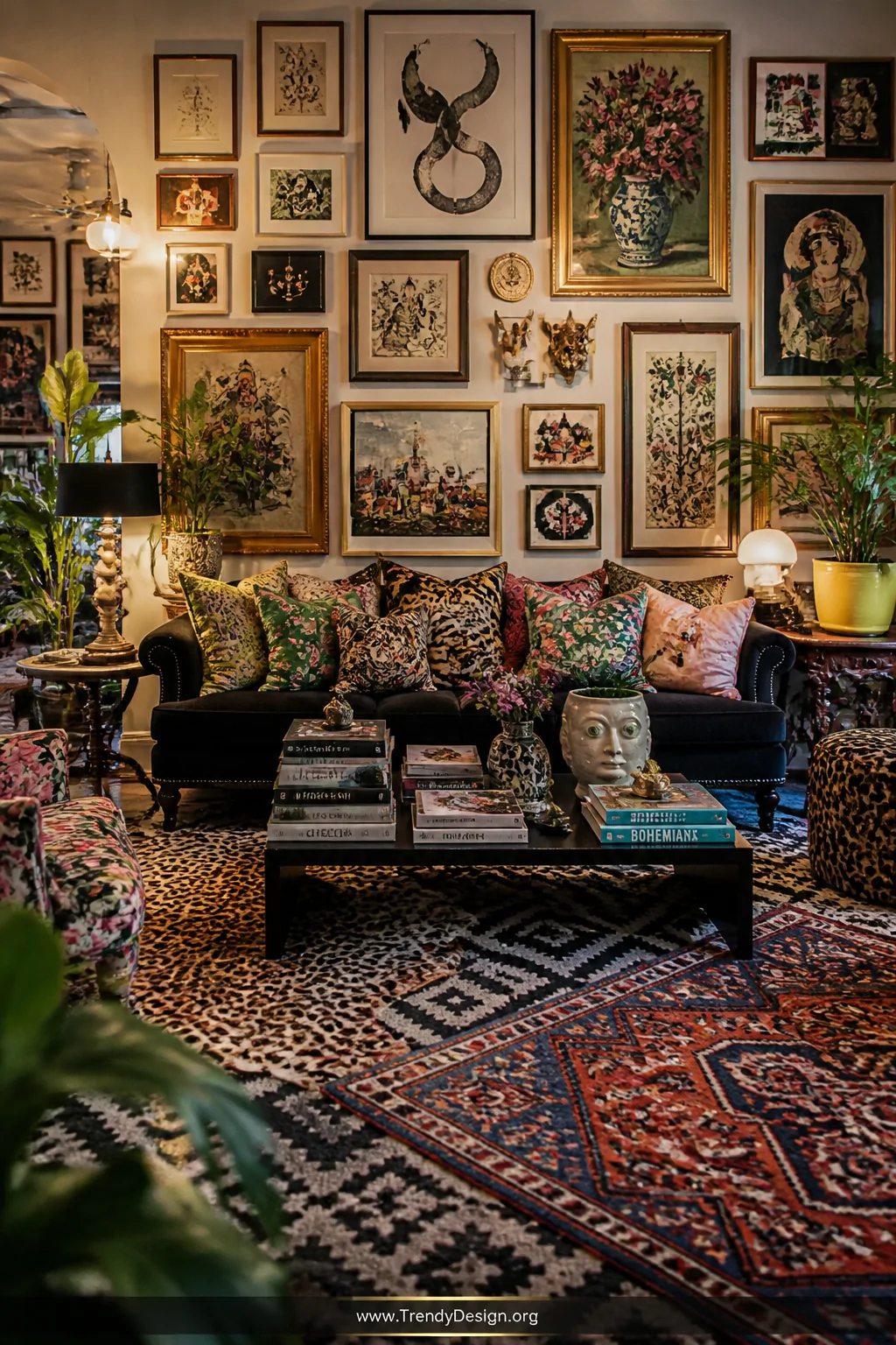Wide shot of a maximalist eclectic living room with a black sofa completely surrounded by layered printed rugs in bold patter