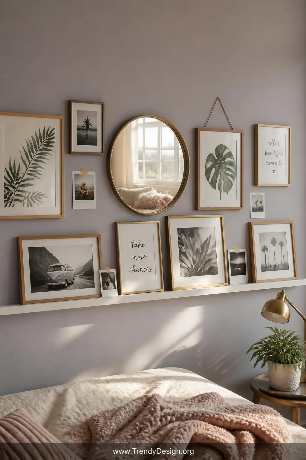 A photorealistic medium wide shot of a teenage bedroom gallery wall above a white picture ledge shelf mounted at eye height, 