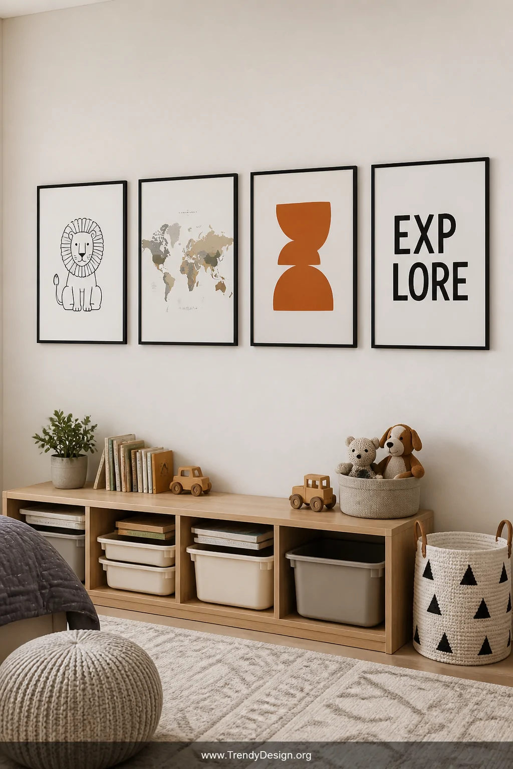 Detail photorealistic shot of a modern toddler boy room gallery wall featuring four uniformly framed thin black-framed prints