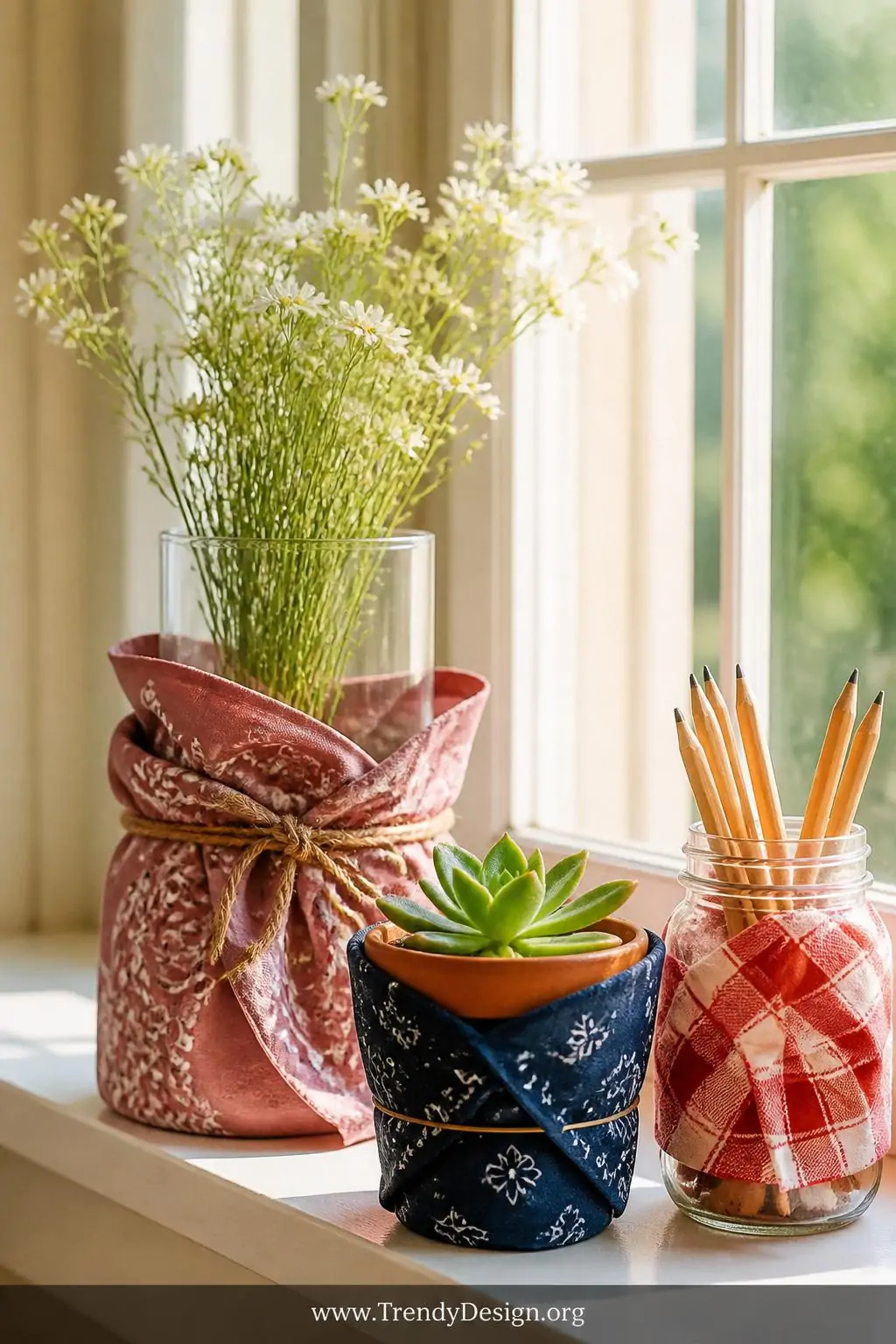 Closeup shot of a sunlit windowsill styled with three vessels wrapped in bandana fabric, a tall clear glass vase with white w