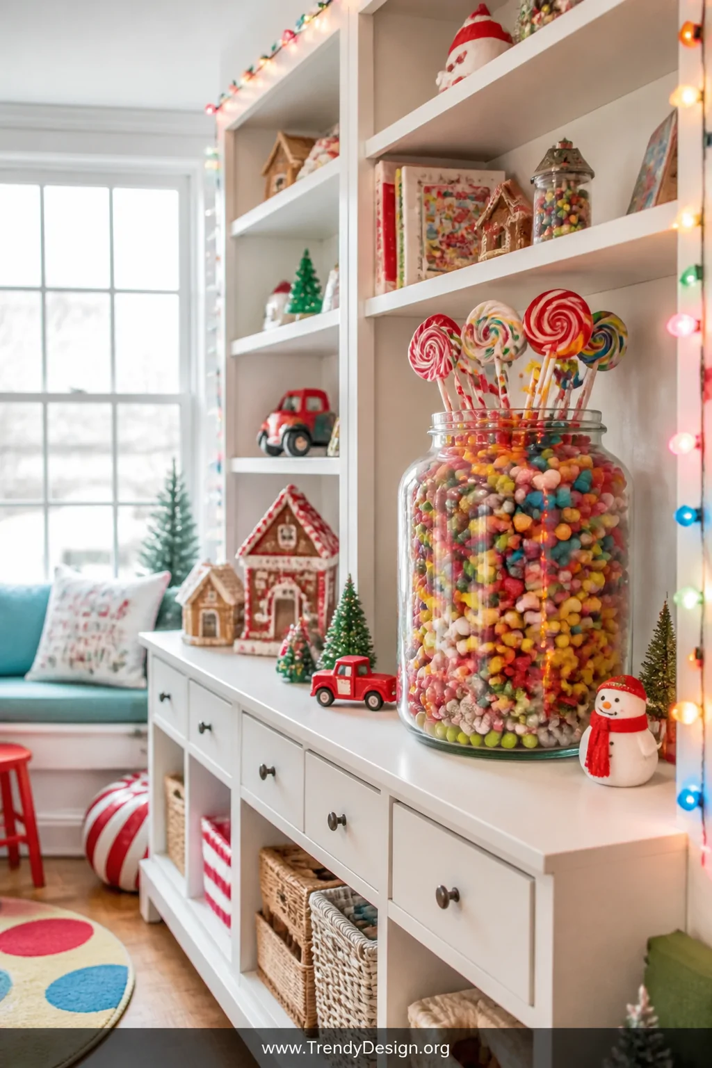 A wide room shot of a large chunky glass jar overflowing with rainbow-colored gummies, jelly beans, and lollipops sticking ou