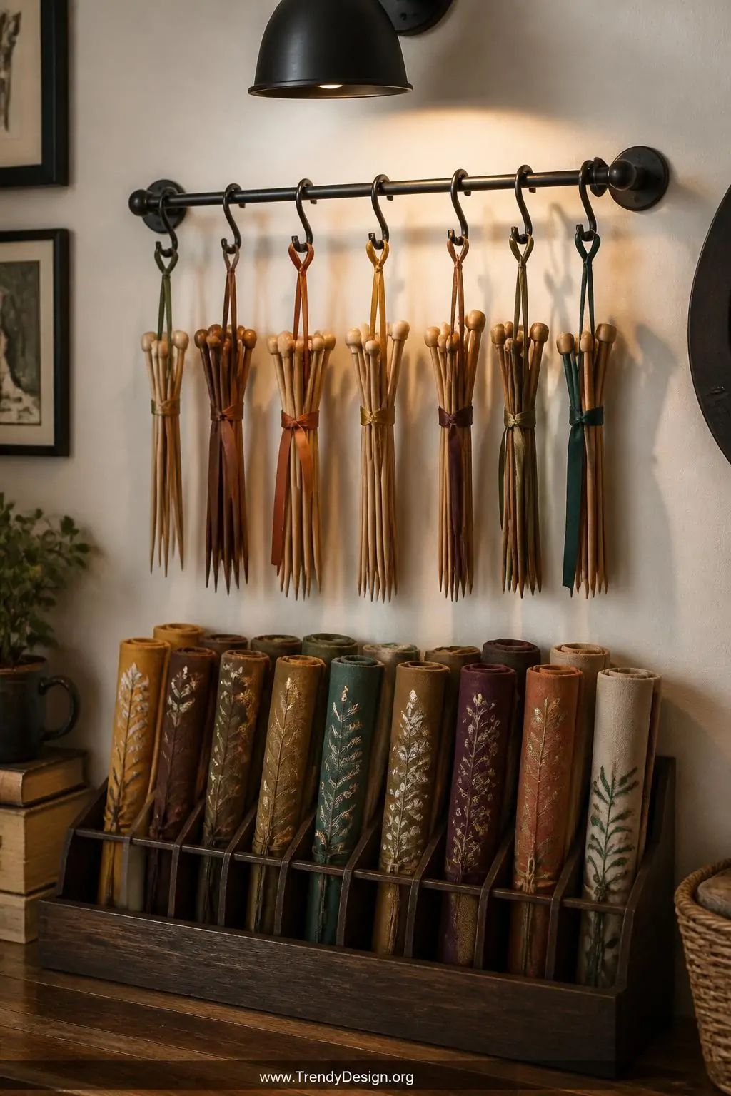 A medium-shot photorealistic styled wall display in a cozy craft room featuring a matte black wall-mounted towel bar with rou