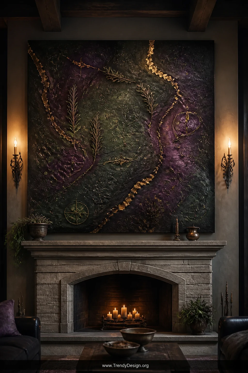 Wide shot of a large dark fantasy resin wall art panel mounted above a stone fireplace mantle, its surface swirled in deep fo