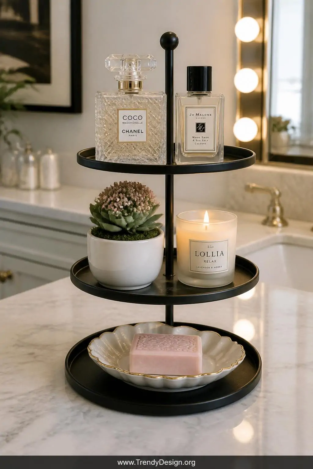 A close-up photorealistic interior design image of a pristine white marble bathroom vanity countertop featuring an elegant th