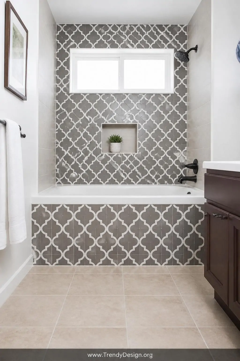 A bathroom tile backsplash transformed with crisp bright white re-grouted lines and geometric peel-and-stick tile stickers cr