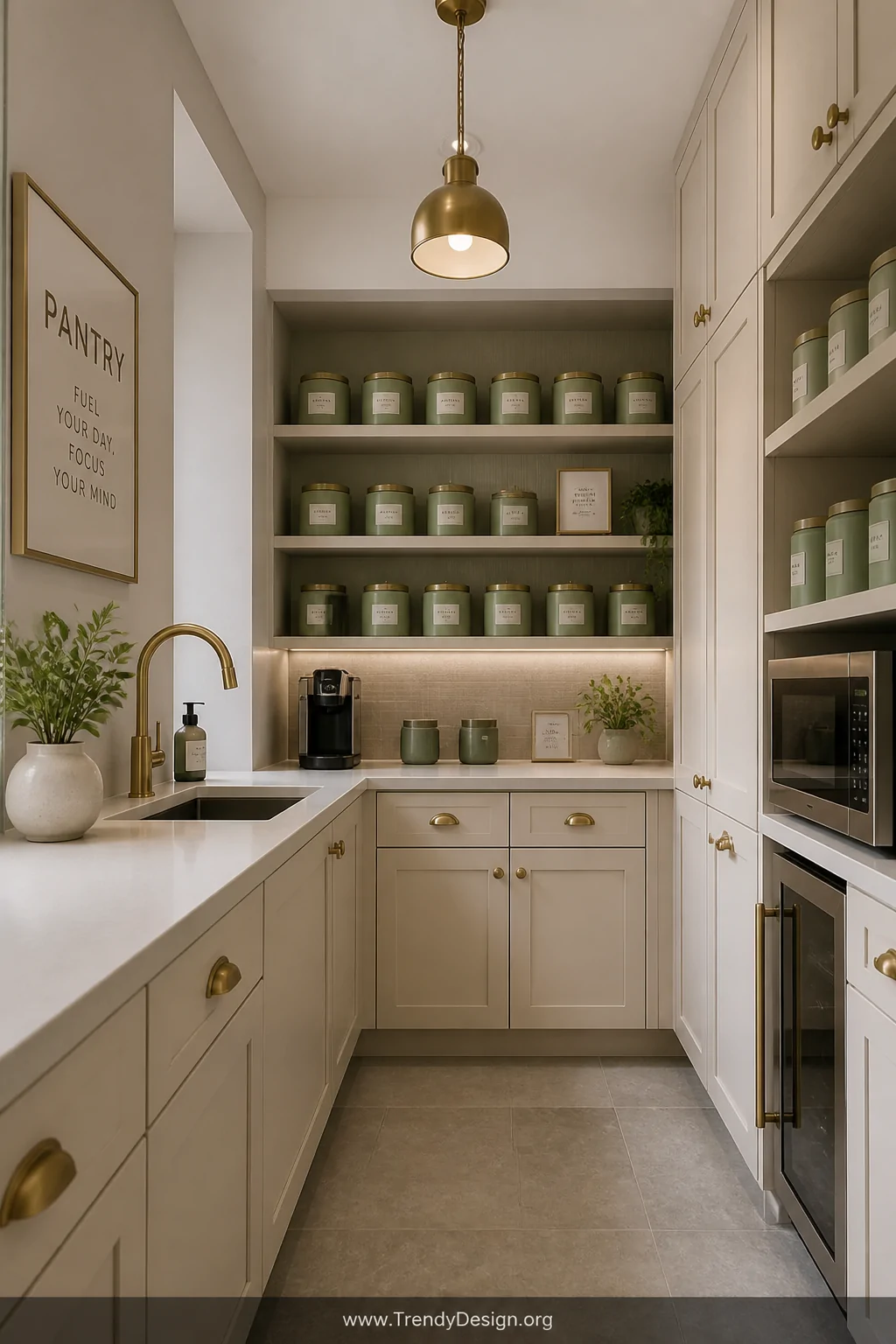 Wide-angle photorealistic interior shot of a fully cohesive office pantry designed in a sage green, cream, and brushed brass 