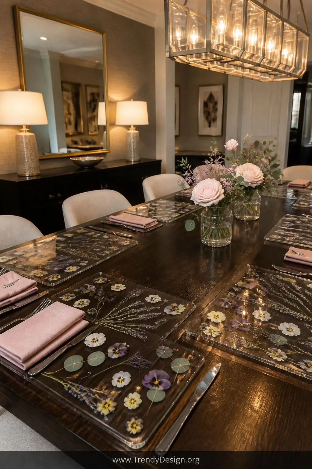 Wide shot of an elegant dining room table showcasing rectangular glossy clear resin placemats with embedded dried lavender sp