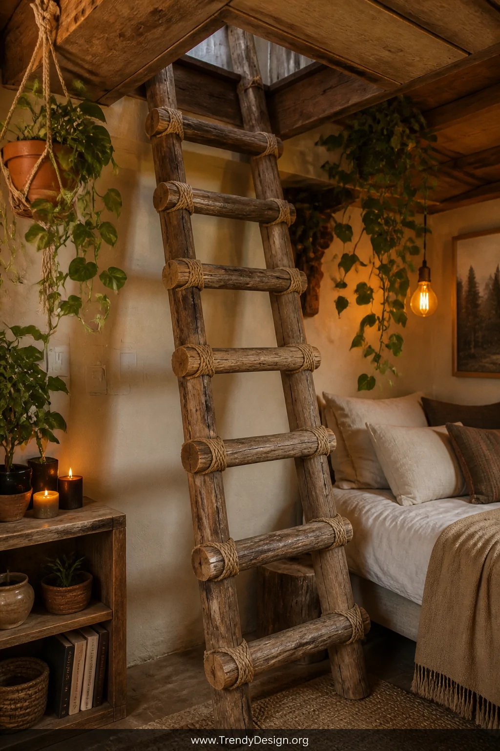 Wide photorealistic interior shot of a cozy cabin-style room corner featuring a fixed rustic ladder made from chunky reclaime