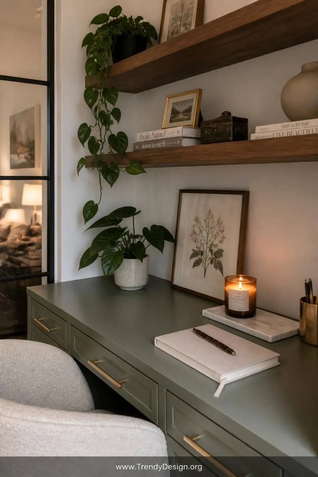 Wide-angle photorealistic interior shot of a warmly personalized small home office nook featuring a dusty sage green painted 