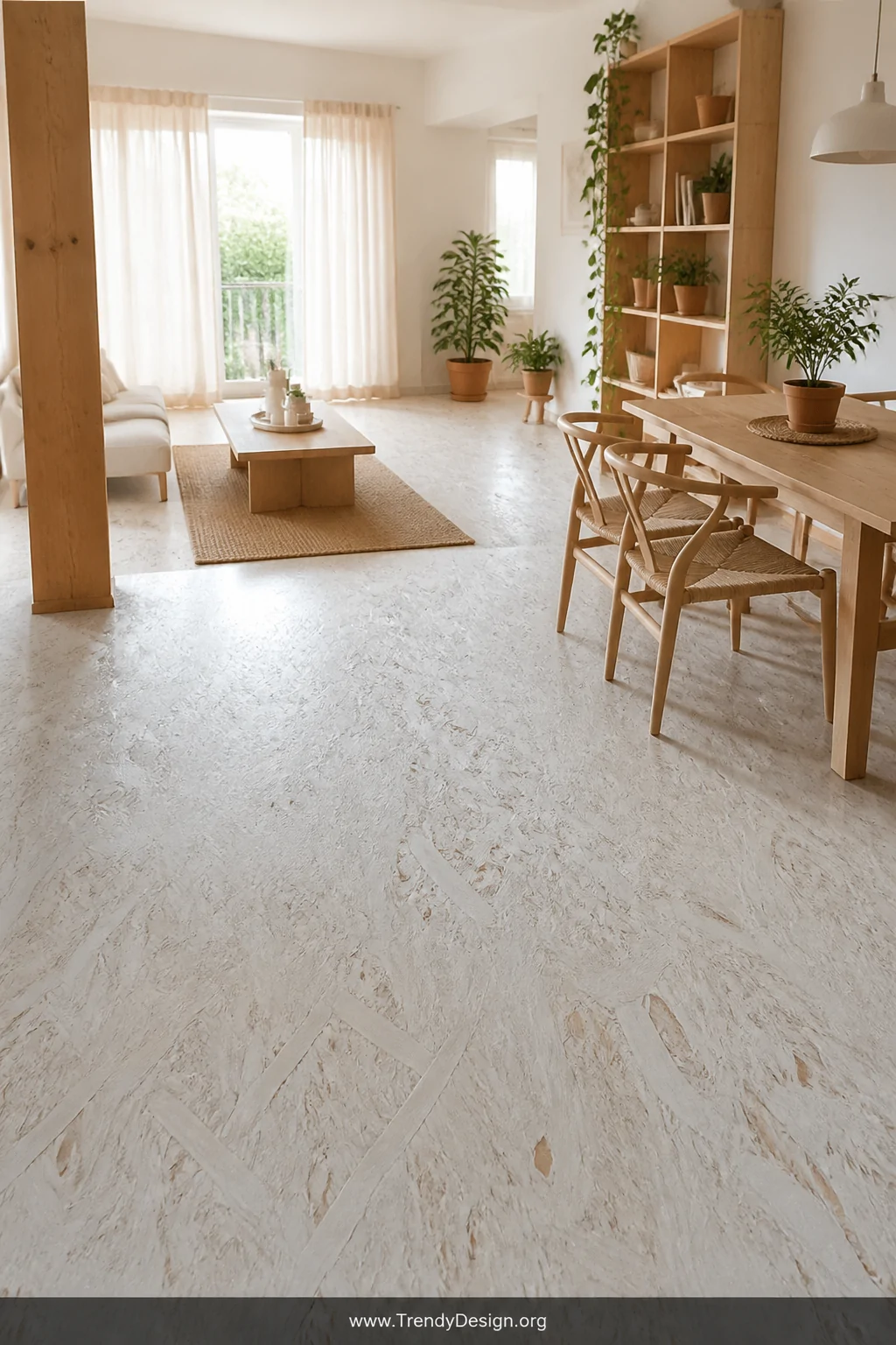 Wide-angle photorealistic Scandinavian-style interior with a whitewashed OSB floor where diluted white paint allows the natur