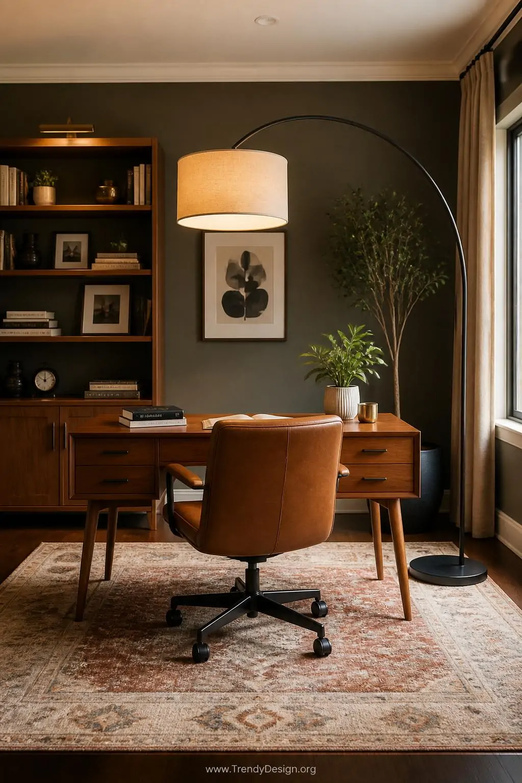 Wide shot of a beautifully styled home office featuring a tall arc floor lamp with a cream linen drum shade arching gracefull