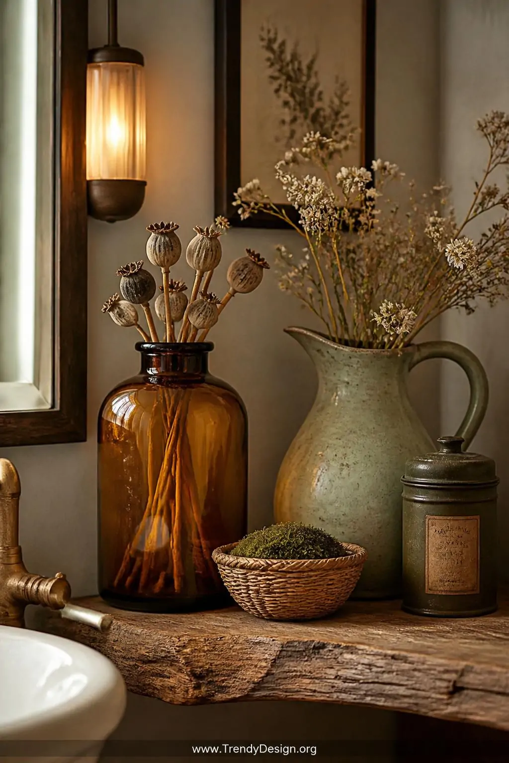 A closeup of a rustic bathroom shelf holding an amber apothecary glass bottle containing dried sculptural poppy pods beside a