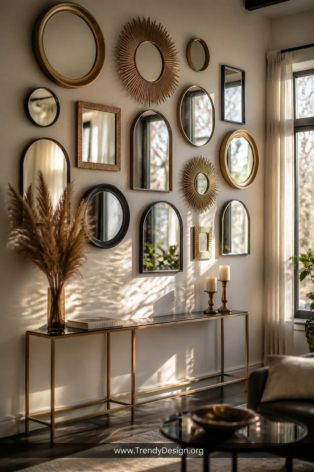 Medium-distance photorealistic living room wall covered in an artfully clustered arrangement of mixed mirrors in round, arche