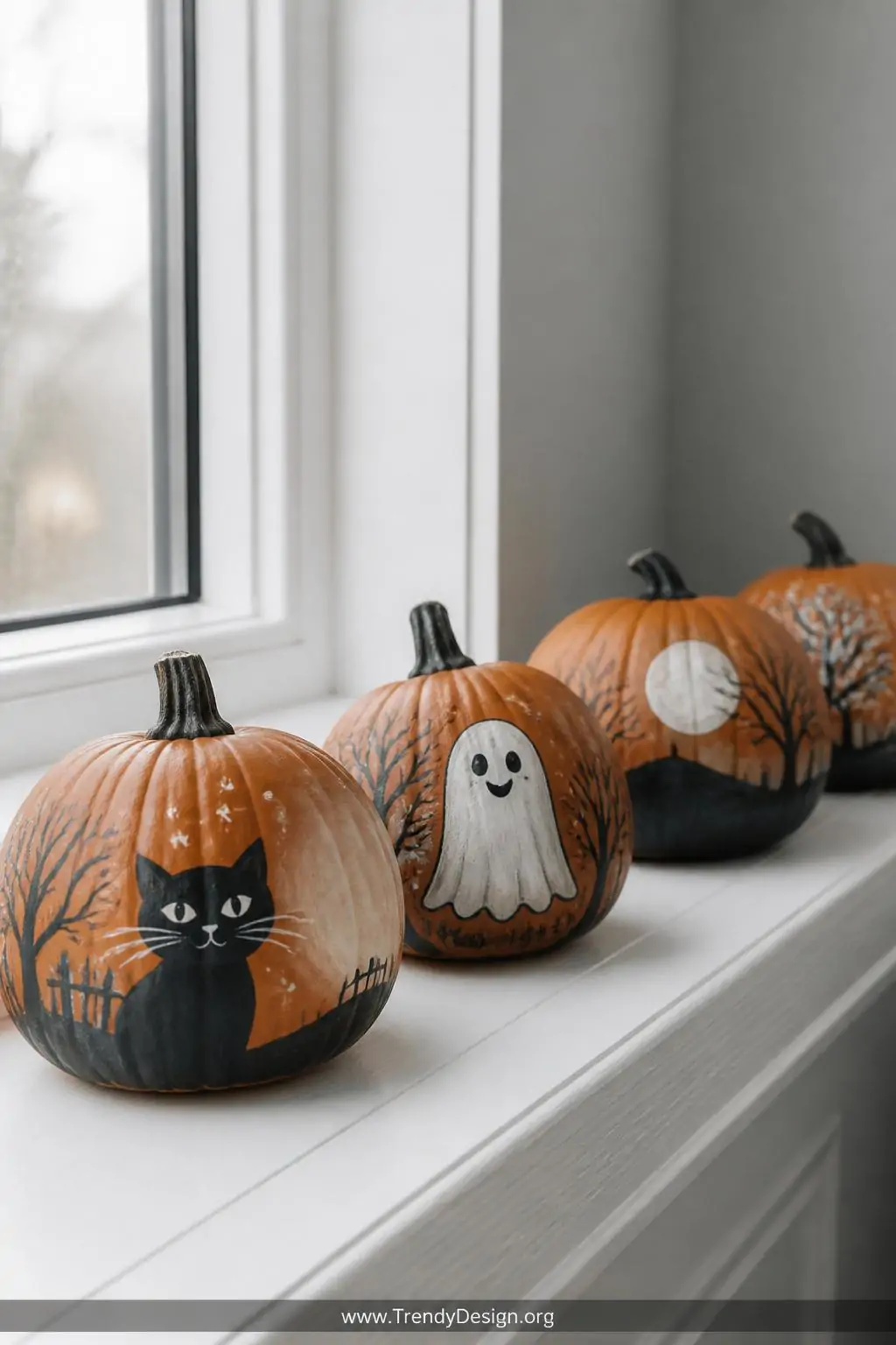 A closeup photorealistic interior of a painted story-pumpkin display lined along a white-painted wooden windowsill, each smal