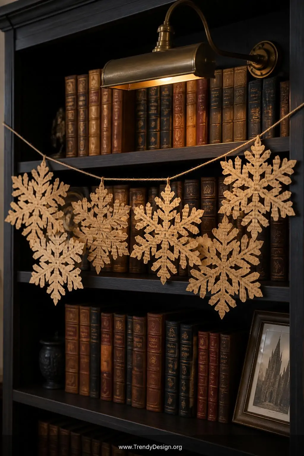 A medium shot of aged cream book page paper snowflakes in six intricate hand-cut designs strung together on thin twine as bun