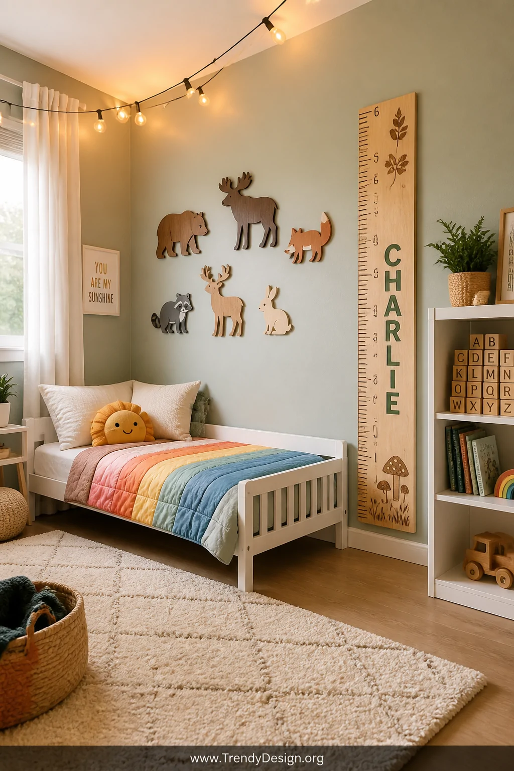 Wide shot of a whimsical and colorful children's bedroom featuring a CNC-engraved birch wood growth chart ruler with a painte