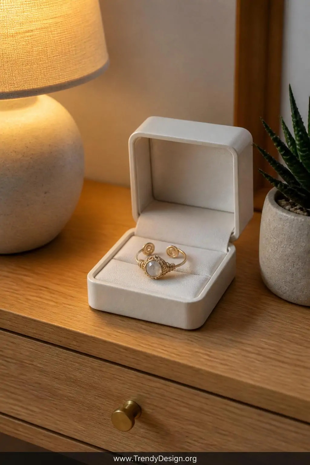 A wide shot of an open adjustable wire band ring with an elegant wrapped stone focal point and spiral-tipped open ends, style