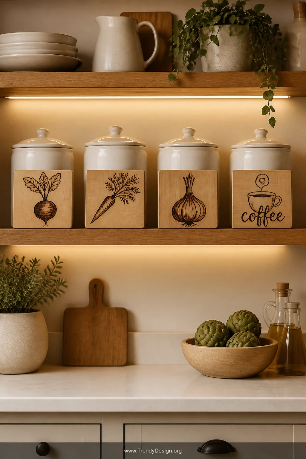 A styled open kitchen shelf with warm cream walls, displaying small square wooden tiles propped against white ceramic caniste