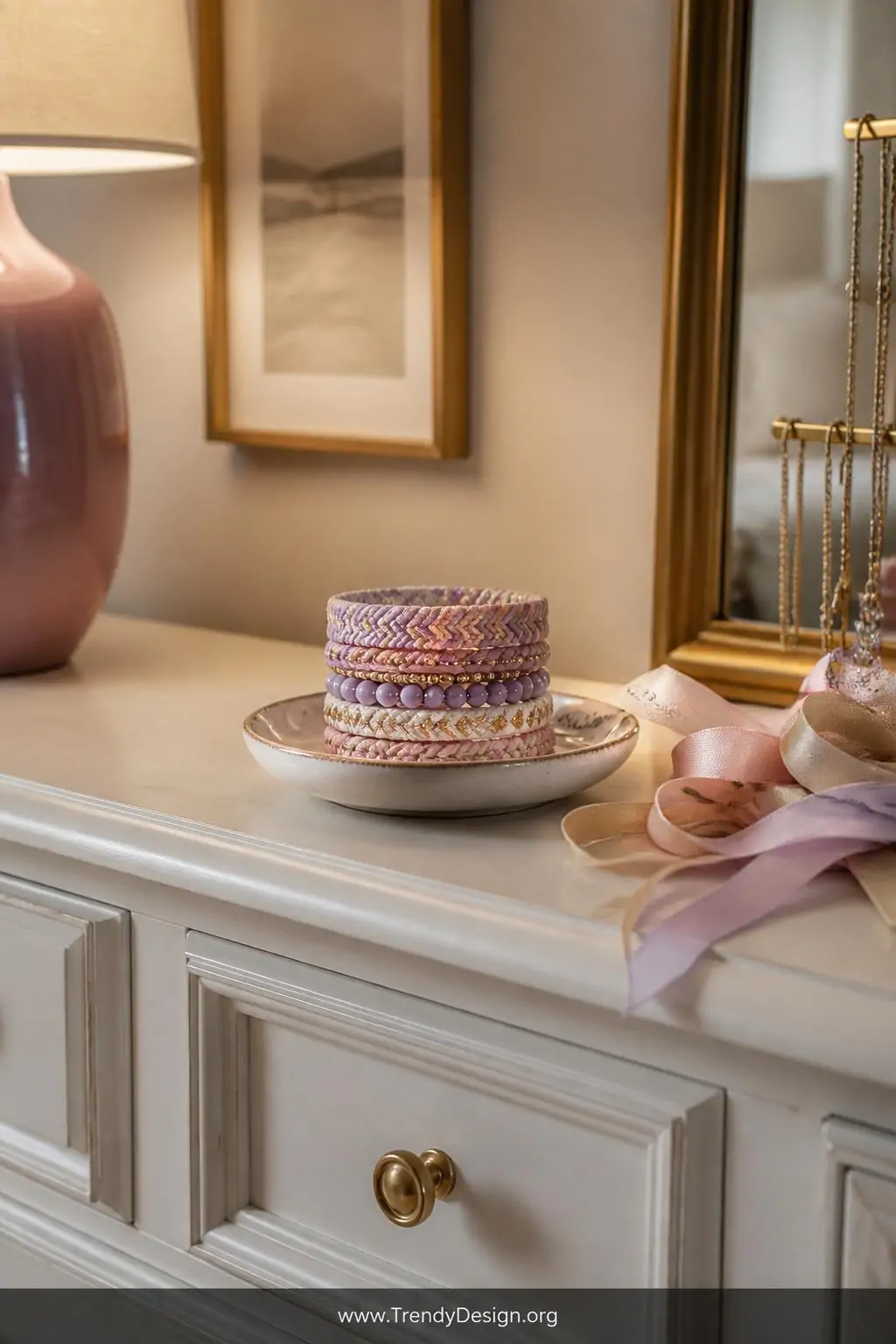 Wide shot of a dresser styled with a small ceramic jewelry dish overflowing with a coordinated stacked set of five thin frien
