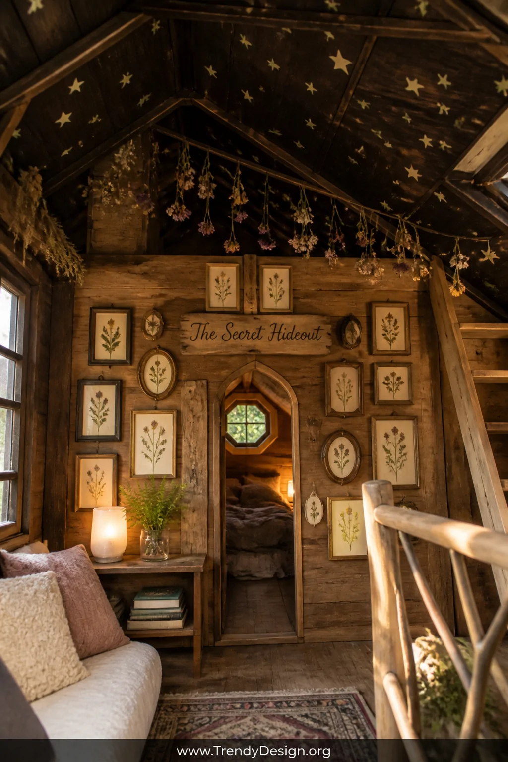 A cozy treehouse interior wall displaying a collection of small pressed botanical prints in mismatched vintage frames, a hand