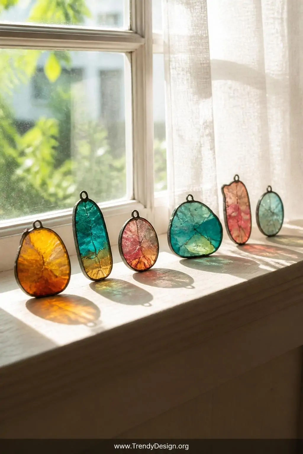 A wide shot of translucent stained glass effect polymer clay pendants in jewel toned amber teal and rose positioned on a sun-