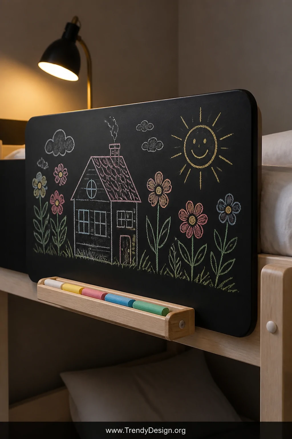 Closeup shot of a solid plywood bunk bed guard rail panel coated entirely in matte black chalkboard paint with a child's elab