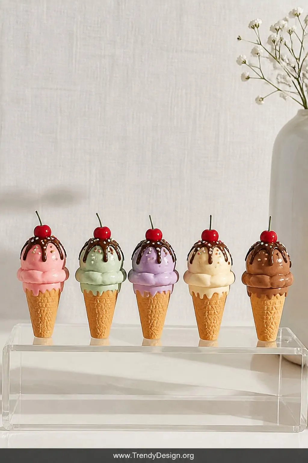 A wide photorealistic shot of five miniature clay ice cream cones standing in a small display row against a pale linen backgr