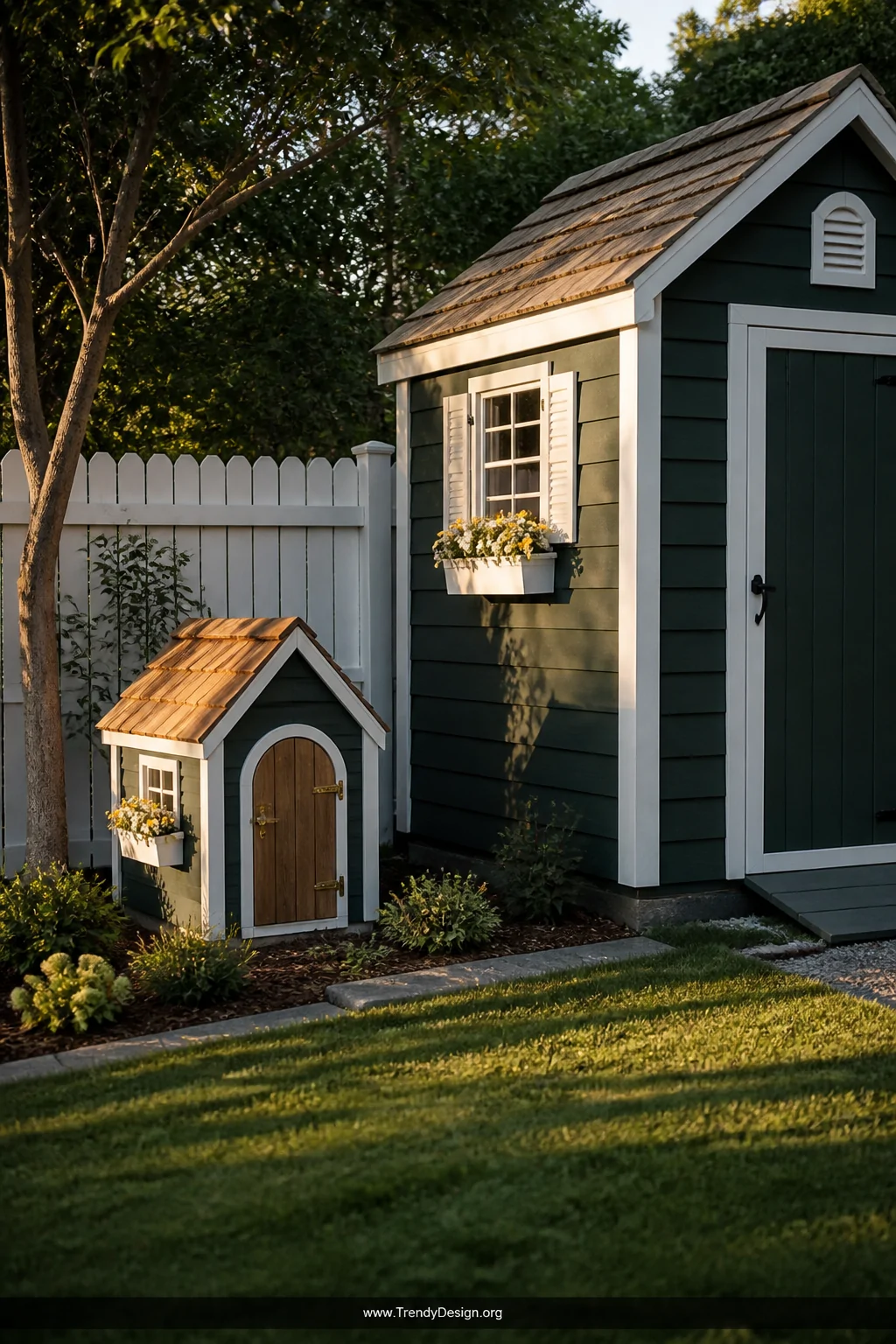 Wide shot of a perfectly scaled charming mini shed garbage house with a dark forest green painted clapboard exterior, crisp w
