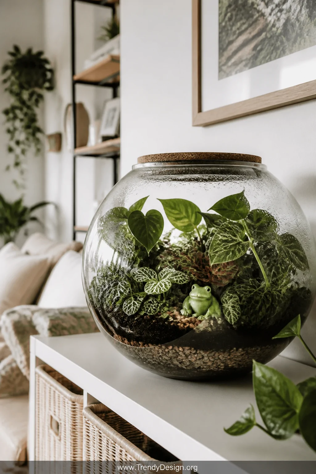 Wide room shot of a lush closed fish bowl terrarium on a bright living room shelf in indirect light, densely planted with dee