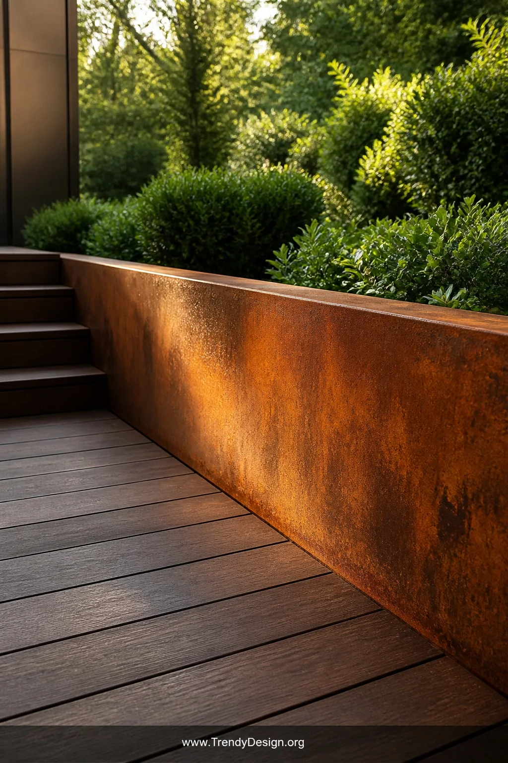 Medium shot of bold Corten steel fascia panels edging a dark hardwood deck, the steel displaying a stunning deep rust-orange 