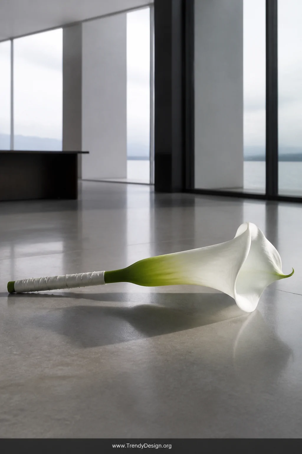 A single large perfect white calla lily stem with a wire and ivory ribbon-wrapped base, laid horizontally across a pale grey 