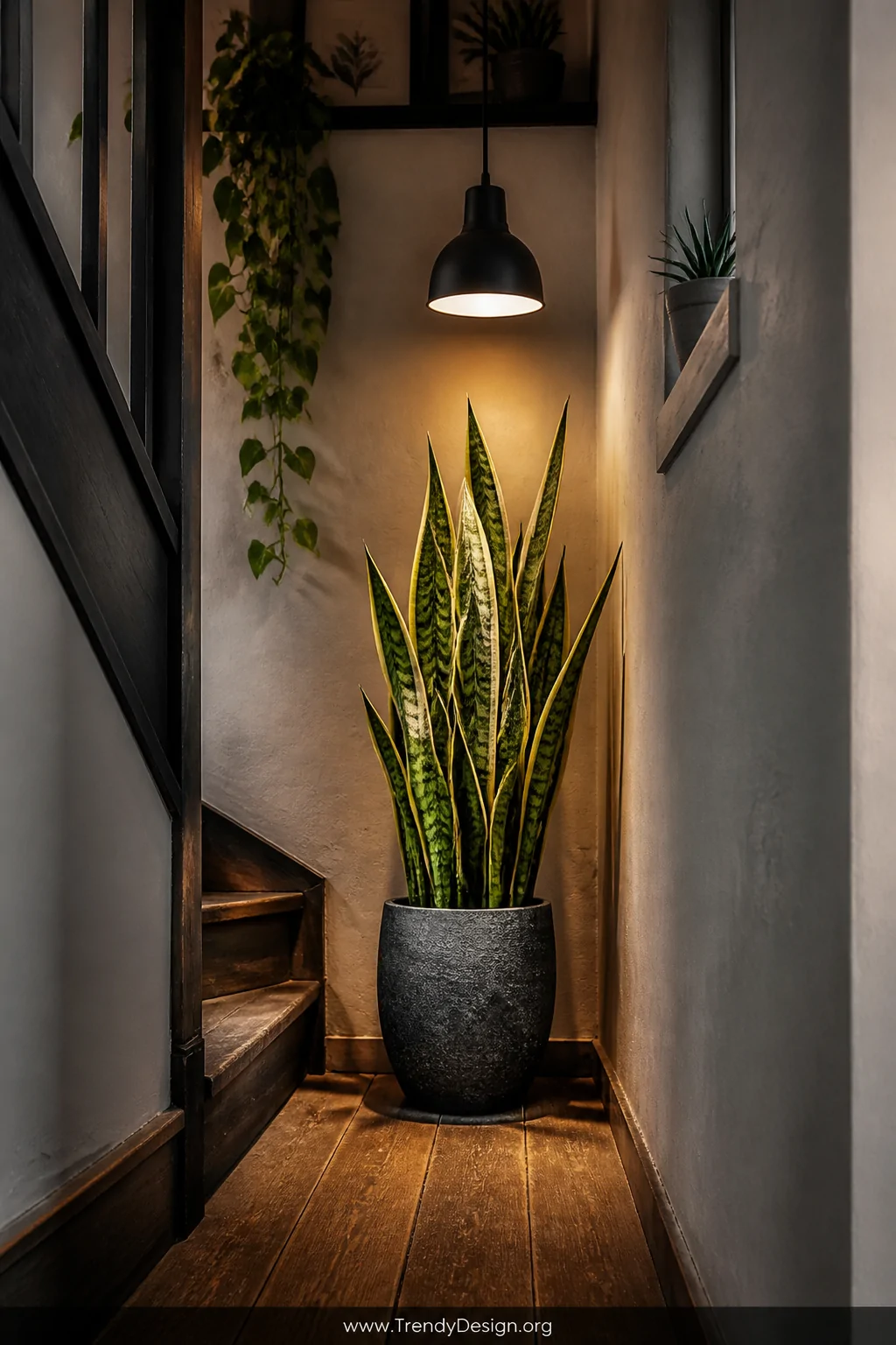 A narrow dimly lit staircase corner dramatically transformed by a single tall architectural snake plant in a textured matte c