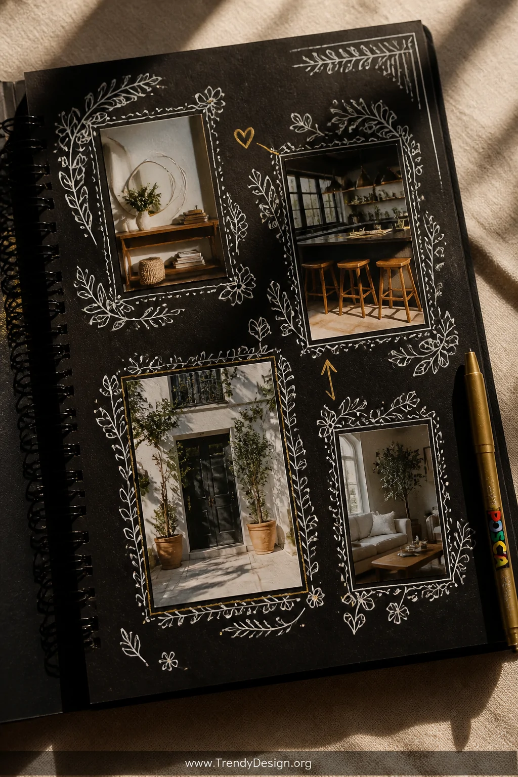 A close-up photorealistic flat-lay of an open black scrapbook page on a natural linen surface under warm directional side lig