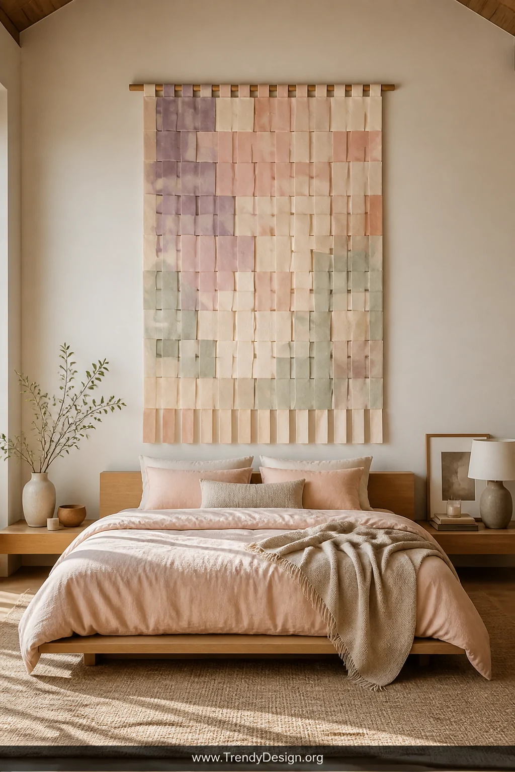 Wide shot of a serene primary bedroom with a large pastel-dyed woven paper wall hanging centered above a low platform bed, th
