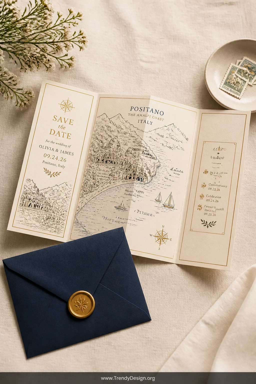 A wide overhead shot on a thick cream linen tablecloth showcases a beautifully scored and folded destination wedding map save