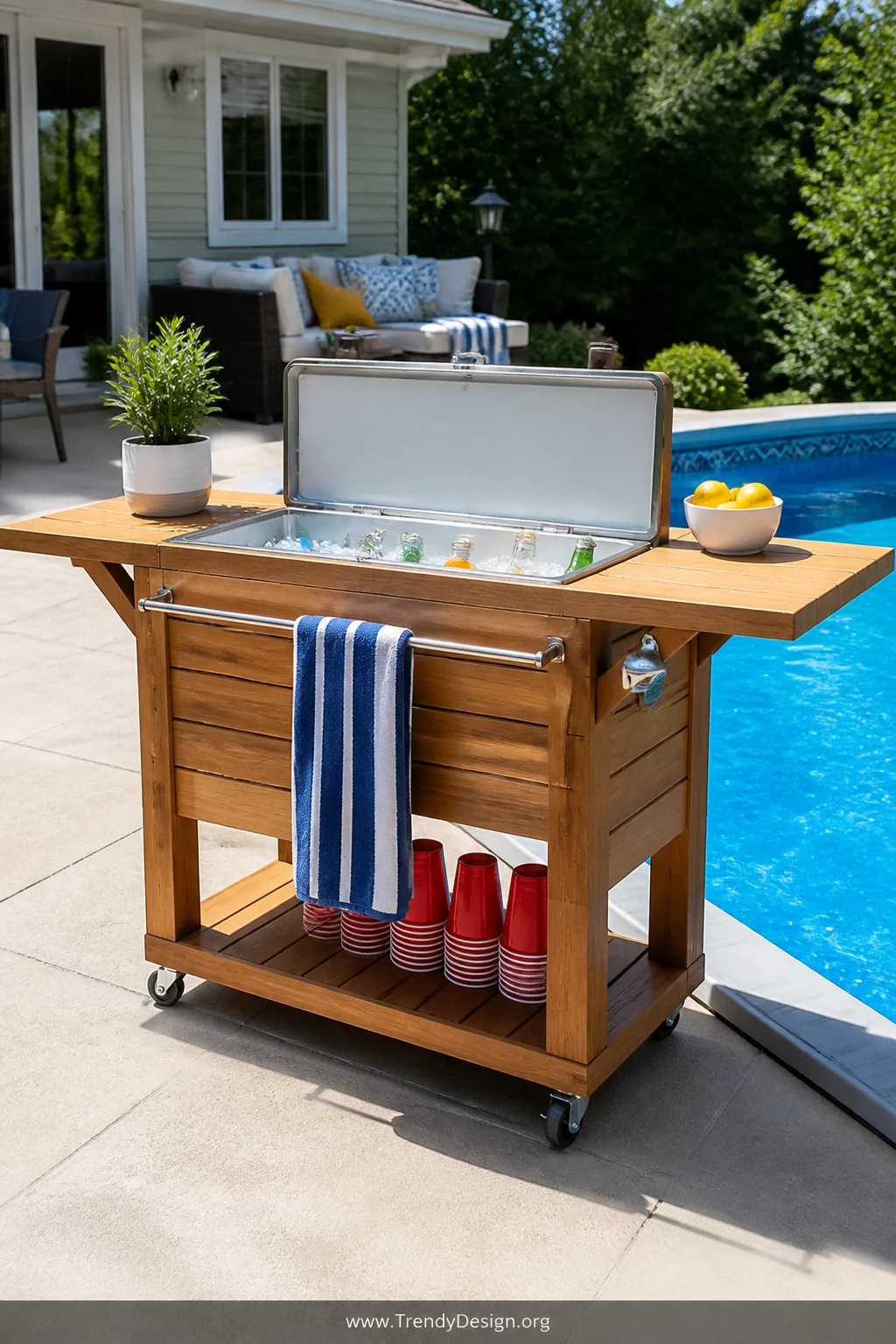 A wide shot of a custom-built natural cedar rolling cooler cart station positioned at the edge of a blue above ground pool on